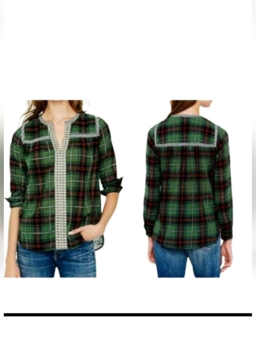 J Crew green plaid embroidered peasant top Size 2 Lightweight 100%Cotton